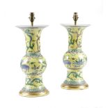 A PAIR OF CHINESE STYLE PORCELAIN VASE TABLE LAMPS 20TH CENTURY each of gu shape, each with a yellow