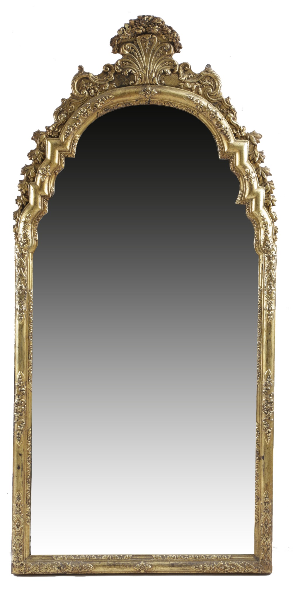 A GILTWOOD AND GESSO WALL MIRROR IN QUEEN ANNE STYLE EARLY 18TH CENTURY AND LATER the two arched