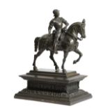 AN ITALIAN BRONZE GRAND TOUR EQUESTRIAN GROUP OF THE BARTOLOMEO COLLEONI MONUMENT AFTER ANDREA DEL