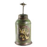 A GREEN JAPANNED TOLE TEA CANISTER LAMP C.1880-90 with a later twin-light fitting, the body