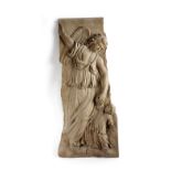 A FRENCH CARVED WALNUT RELIEF PANEL PROBABLY EARLY 18TH CENTURY depicting the angel Gabriel with a
