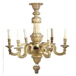 A CARVED GILTWOOD SIX-LIGHT CHANDELIER IN GEORGE II STYLE LATE 19TH / EARLY 20TH CENTURY carved with