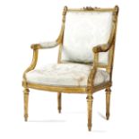 A FRENCH GILTWOOD FAUTEUIL IN LOUIS XVI STYLE SECOND HALF 19TH CENTURY the padded back, seat and