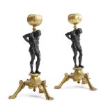 A PAIR OF FRENCH GILT AND PATINATED BRONZE ATLAS CANDLESTICKS LATE 19TH CENTURY in Grecian revival