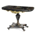 A VICTORIAN PAPIER-MACHE CENTRE TABLE C.1850 the top painted with an urn of flowers, exotic birds