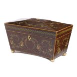 A MAHOGANY TEA CADDY IN SHERATON REVIVAL STYLE 19TH CENTURY of sarcophagus shape painted with