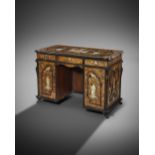 λ AN ITALIAN WALNUT AND IVORY INLAID TWIN PEDESTAL DESK LOMBARDY, 19TH CENTURY with ebonised