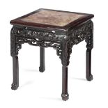 A CHINESE HARDWOOD LOW OCCASIONAL TABLE LATE 19TH CENTURY the inset marble top above a leaf and