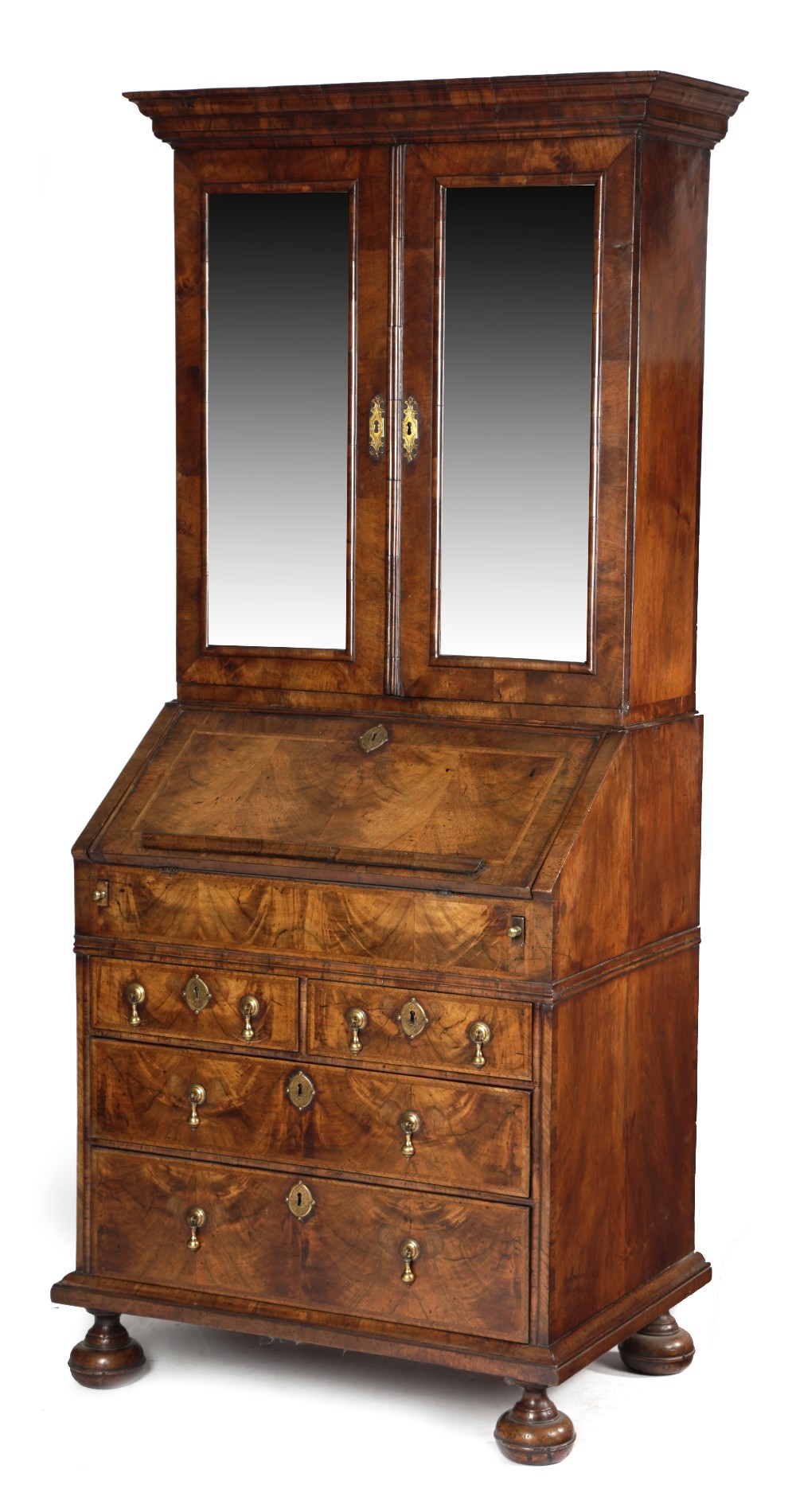 A GEORGE I WALNUT BUREAU BOOKCASE C.1715-20 with cross and feather banding, the moulded cornice - Image 3 of 3