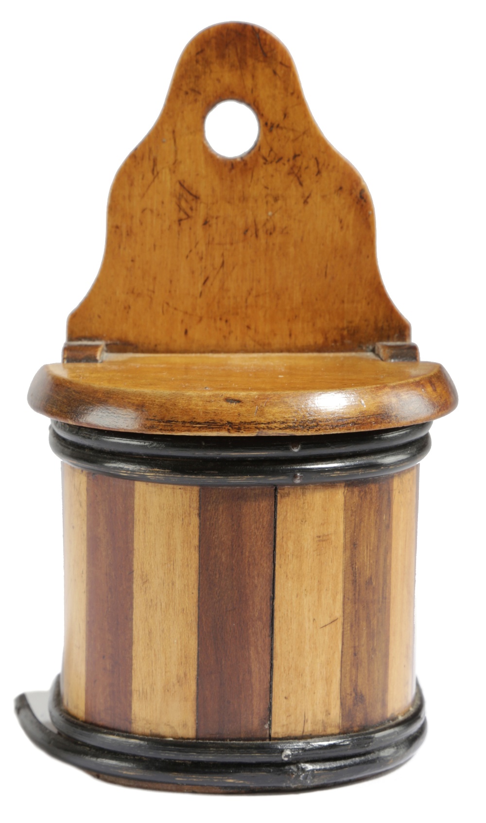 A DUTCH FRUITWOOD MINIATURE HANGING SALT / CANDLE BOX LATE 19TH / EARLY 20TH CENTURY of staved