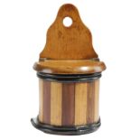 A DUTCH FRUITWOOD MINIATURE HANGING SALT / CANDLE BOX LATE 19TH / EARLY 20TH CENTURY of staved