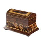 λ A VICTORIAN TUNBRIDGE WARE AND ROSEWOOD TEA CADDY C.1850 of domed sarcophagus shape, and decorated