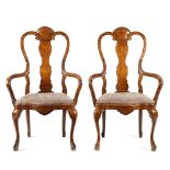 A PAIR OF DUTCH WALNUT AND MARQUETRY OPEN ARMCHAIRS 19TH CENTURY each inlaid with an urn of