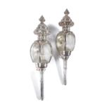 A PAIR OF VICTORIAN SILVER PLATED CARRIAGE LAMPS C.1870-80 with engraved and pierced decoration,