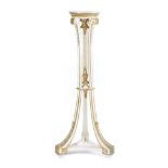 A WHITE PAINTED AND GILTWOOD TORCHERE IN GEORGE III STYLE EARLY 20TH CENTURY of open scroll from,