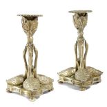 A PAIR OF GEORGE IV BRASS CANDLESTICKS AFTER A DESIGN BY RUNDELL, BRIDGE AND RUNDELL each with a