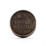 A FRENCH SILVERED BRONZE SNUFF BOX C.1840 depicting French guards at Versailles, inscribed 'Gardes