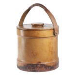 A BROWN LEATHER ICE BUCKET FIRST HALF 20TH CENTURY the lift-off cover revealing a zinc lined