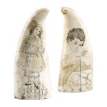 TWO SAILOR'S SCRIMSHAW WHALE'S TEETH 19TH CENTURY one decorated with a young lady wearing an