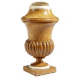 λ A BURR BIRCH CAMPANA URN ETUI C.1820-30 with ivory mounts, the screw-off cover with a pin