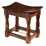 A MOUSEMAN OAK JOINT STOOL BY ROBERT 'MOUSEMAN' THOMPSON (1876-1955), C.1930 with a burr oak