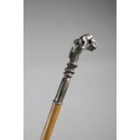A SILVERED METAL HANDLED WALKING CANE C.1920 the handle decorated with a tiger and a snake, above