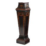A LATE VICTORIAN EBONISED AND MARQUETRY PEDESTAL C.1890-1900 inlaid with ribbon tied urns, scrolling