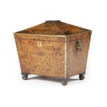 A FAUX TORTOISESHELL PYROGRAPHY CELLARET EARLY 19TH CENTURY with brass mounts and of sarcophagus