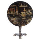 A CHINESE EXPORT AUBERGINE LACQUER TRIPOD TABLE EARLY 19TH CENTURY decorated in gilt with a watery