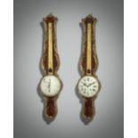 A FRENCH MAHOGANY AND ORMOLU CARTEL CLOCK AND MATCHING BAROMETER IN LOUIS XV STYLE the wall clock