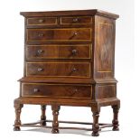A WALNUT MINIATURE CHEST ON STAND IN WILLIAM AND MARY STYLE EARLY 20TH CENTURY inlaid with boxwood