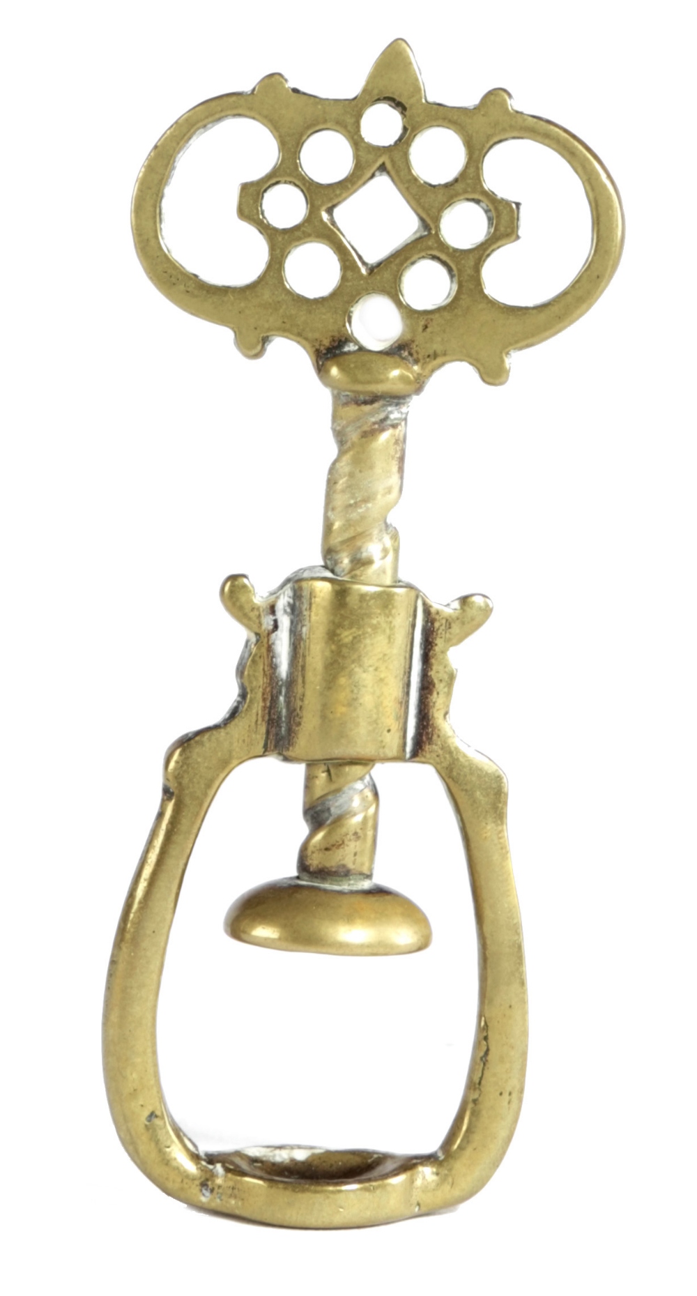 A GEORGE III BRASS NUTCRACKER C.1770-80 of open cage form with a screw-action and a pierced handle