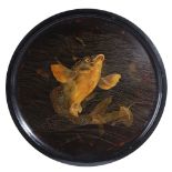 A JAPANESE LACQUER CIRCULAR TRAY EARLY 20TH CENTURY decorated with a koi carp 53cm diameter