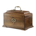 A GEORGE II MAHOGANY TEA CADDY C.1750-60 the moulded hinged top with a brass swing handle, revealing