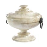 AN ITALIAN ALABASTER GRAND TOUR URN 19TH CENTURY the pierced lift-off cover above a turned body,