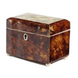 λ A SMALL EARLY VICTORIAN TORTOISESHELL BOX C.1840 with a serpentine front, the hinged lid inset