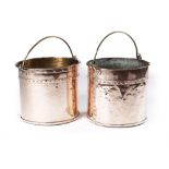 A NEAR PAIR OF DUTCH COPPER LOGBINS 19TH CENTURY each with a riveted body and a brass swing