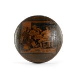 A SCOTTISH SYCAMORE AND PENWORK SNUFF BOX EARLY 19TH CENTURY of disc form, the lid decorated with