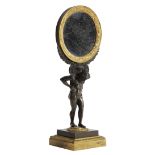 A FRENCH 'EMPIRE' GILT AND PATINATED BRONZE TABLE MIRROR C.1810-20 modelled with a figure of Atlas