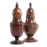 TWO TREEN CASTERS OR MUFFINEERS LATE 18TH / EARLY 19TH CENTURY of turned urn shape, each with a