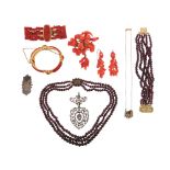 ? A garnet three row bead necklace, with matching six row bracelet, a Victorian coral brooch and