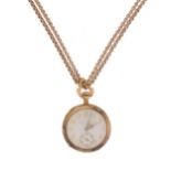 A lady's Art Nouveau gold fob watch on a long gold chain, 37g