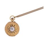 A 18ct gold half hunting-cased fob watch, with white enamel dial, black Roman numerals, on a