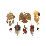 A quantity of 19th century brooches, including a 19th century cased gold foliate brooch,