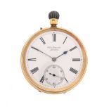 An 18ct gold open-faced pocket watch by Benson, the signed dial with black Roman numerals and
