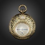 A yellow gold and enamel Jump Hour open-faced pocket watch, c.1830, engine-turned dial, aperture and