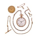 A 9ct gold open-faced fob watch, on an oval-link chain, with a lady's 18ct gold fob watch, dated