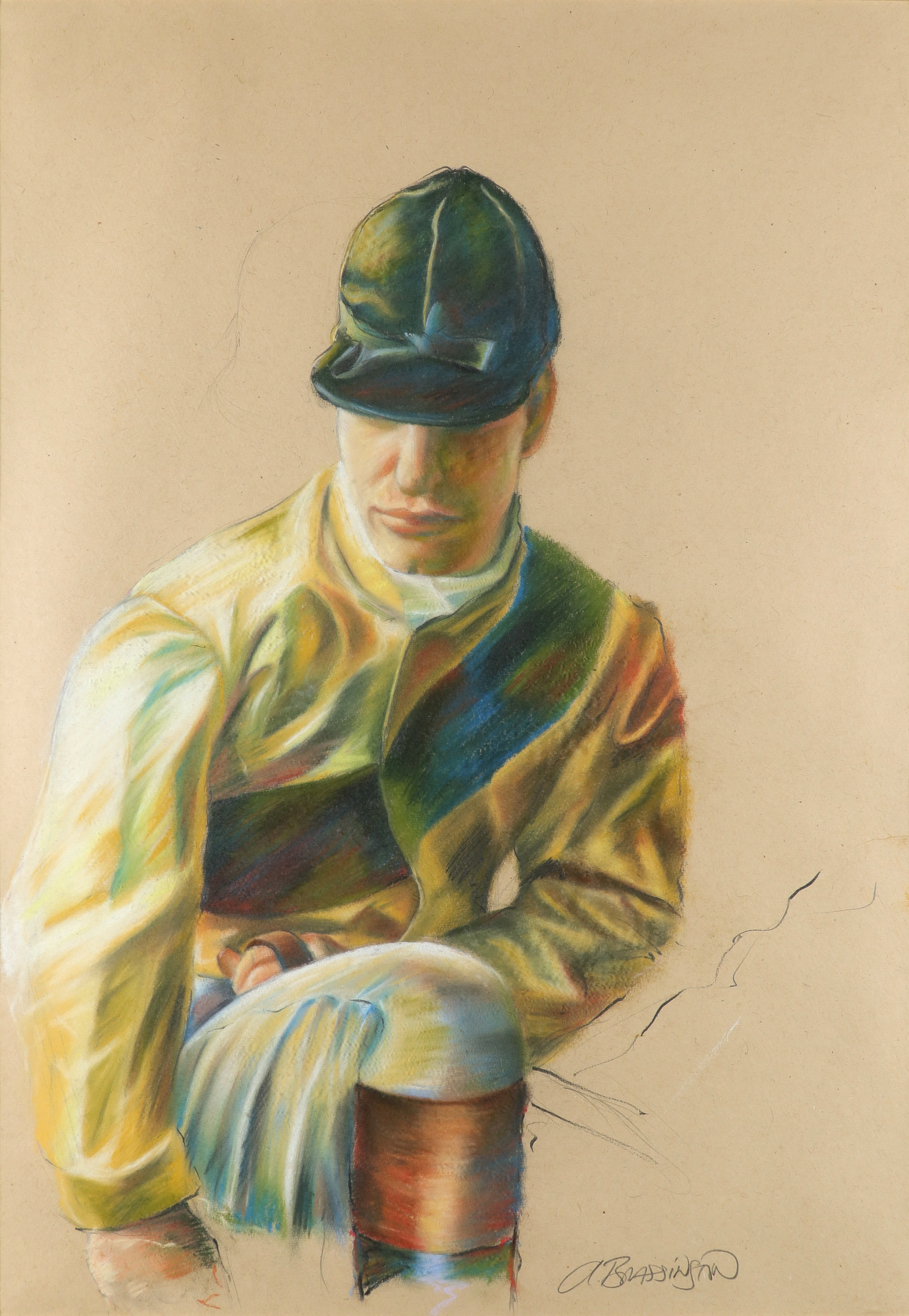 ‡Alan Brassington (Irish b.1959) Study of a jockey Signed a. Brassington (lower right) Pastel and