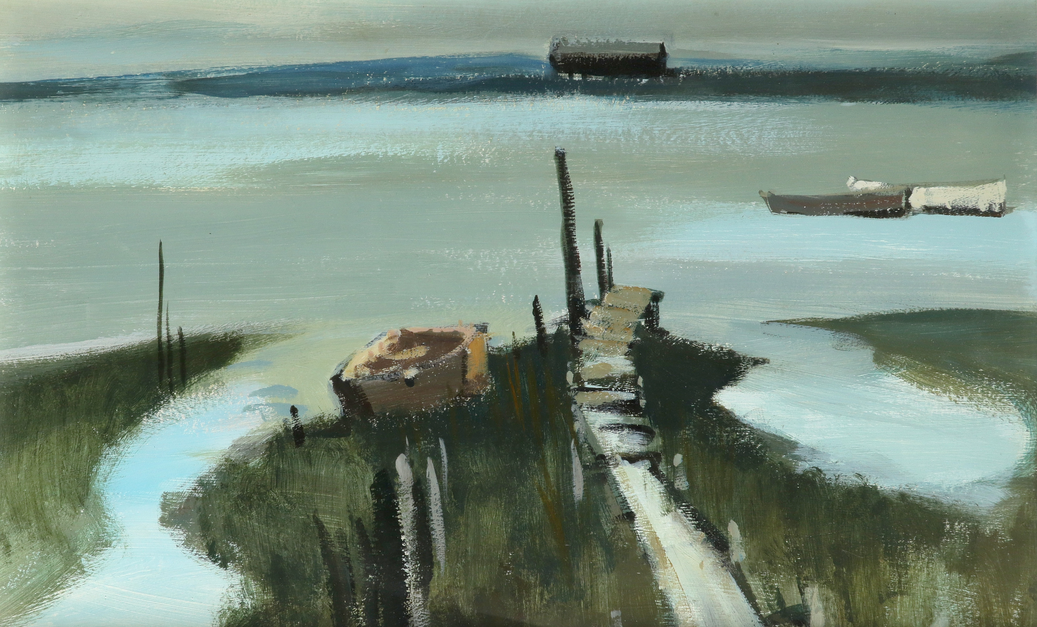 ‡Donald McIntyre RCA (1923-2009) Mersea Island, Essex Oil on board 44.8 x 70.2cm Together with a