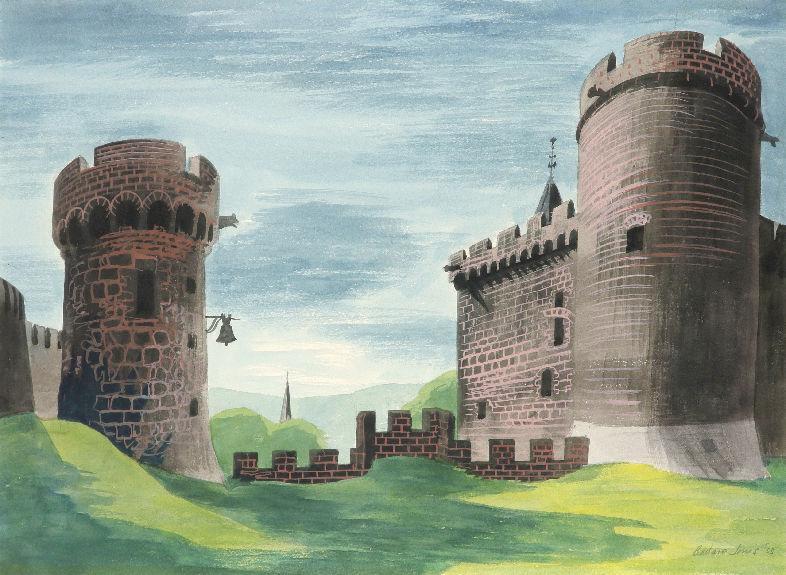 ‡Barbara Jones (1912-1978) View of a castle Signed and dated Barbara Jones '53 Watercolour and